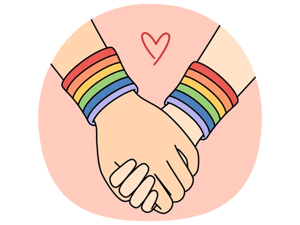 Holding hands with lgbt bracelets symbolizing love between LGBTQ community  Illustration