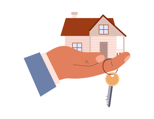 Holding house and key in hand housing deal  Illustration
