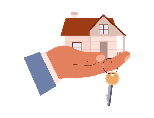 Cartoon Holding A House And Key In Hand Advertising Deal Sale Property Purchase Real Estate Agency Mortgage Loan Buy A Home Modern Flat Vector Illustration Housing Deal On White Background Illustration