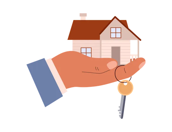 Holding house and key in hand housing deal  Illustration