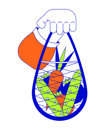 Holding mesh bag with vegetables cartoon human hand  Ilustração