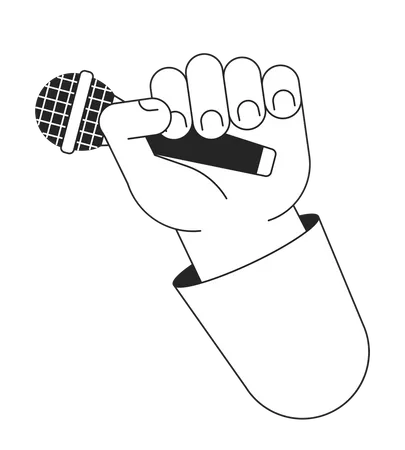 Holding Microphone Cartoon Human Hand Outline Illustration Singing Karaoke 2 D Isolated Black And White Vector Image Standup Event Holding Mic Audio Equipment Flat Monochromatic Drawing Clip Art Illustration