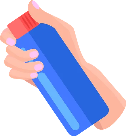 Holding plastic blue bottle of antiseptic substance  Illustration