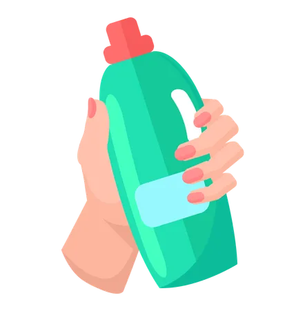 Holding plastic green bottle of antiseptic substance  Illustration