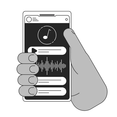 Holding Smartphone Bw Concept Vector Spot Illustration Listening To Music Playlist On Screen 2 D Cartoon Flat Line Monochromatic Hand For Web UI Design Editable Isolated Outline Hero Image Illustration