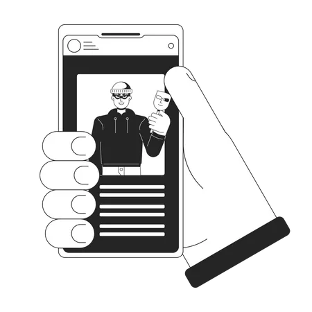 Holding Smartphone Bw Concept Vector Spot Illustration Stealing Identity Cyber Thief 2 D Cartoon Flat Line Monochromatic Hand For Web UI Design Cybercrime Editable Isolated Outline Hero Image Illustration