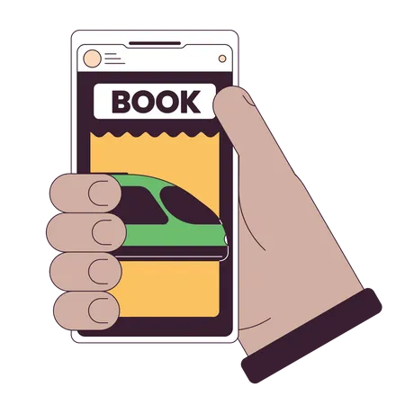 Holding Smartphone For Buying Tickets Flat Line Concept Vector Spot Illustration Online Booking Tickets On Train 2 D Cartoon Outline Hand On White For Web UI Design Editable Isolated Color Hero Image Illustration