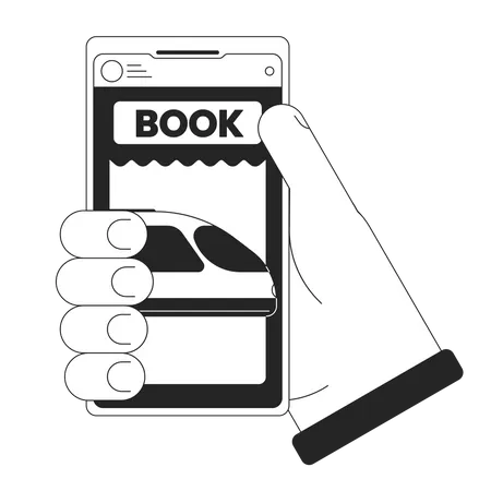 Holding Smartphone For Buying Tickets Bw Concept Vector Spot Illustration Online Booking Ticket On Train 2 D Cartoon Flat Line Monochromatic Hand For Web UI Design Editable Isolated Outline Hero Image Illustration