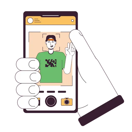 Holding Smartphone With Photo Flat Line Concept Vector Spot Illustration Taking Picture Selfie 2 D Cartoon Outline Hand On White For Web UI Design Editable Isolated Color Hero Image Illustration
