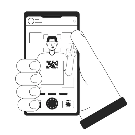Holding Smartphone With Photo Bw Concept Vector Spot Illustration Taking Picture Selfie 2 D Cartoon Flat Line Monochromatic Hand For Web UI Design Editable Isolated Outline Hero Image Illustration