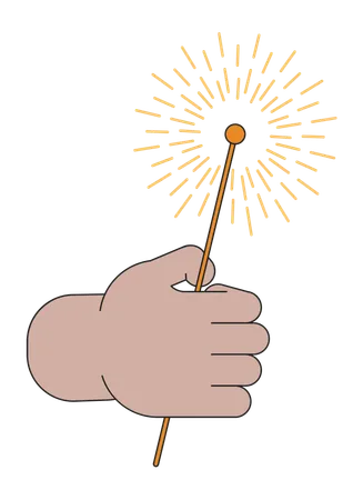 Holding Sparkler Diwali Linear Cartoon Character Hand Illustration Enjoying Sparks Party Outline 2 D Vector Image White Background Festival Of Lights Hindu Festival Editable Flat Color Clipart Illustration