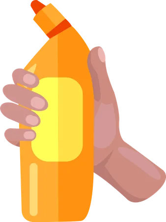 Holding yellow plastic bottle of antiseptic substance  Illustration