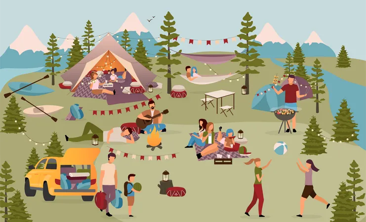 Holidaymakers In Summer Camp Flat Vector Illustration Friends Students On Vacation In Mountains Families With Children Couples Enjoying Active Rest Kayaking Summertime Outdoor Activities Illustration