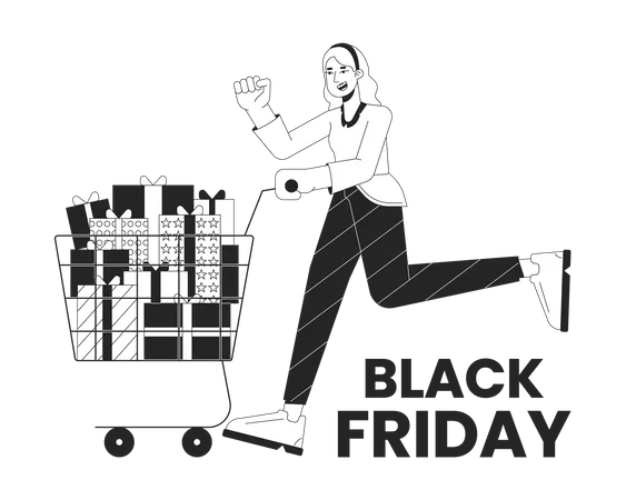 Holiday Shopping Black And White 2 D Illustration Concept Female Shopper Pushing Shopping Cart Cartoon Outline Character Isolated On White Pre Black Friday Weekend Metaphor Monochrome Vector Art イラスト