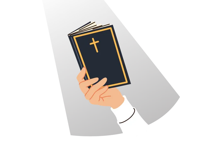 Holy Bible In Hand Of Man Reading Prayers And Commandments Written By Jesus With Christian Cross On Cover Religious Bible For Catholic And Orthodox Believers Studying Gospel Or Old Testament Illustration