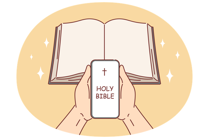 Holy bible in phone religious person and near book symbolizing digital applications for christians  Illustration