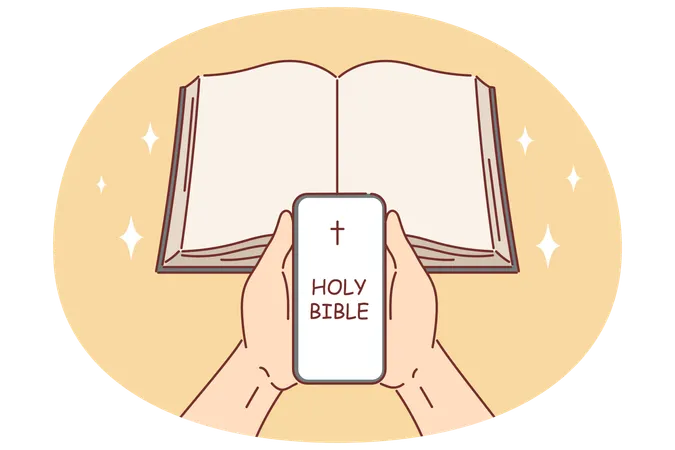 Holy bible in phone religious person and near book symbolizing digital applications for christians  Illustration
