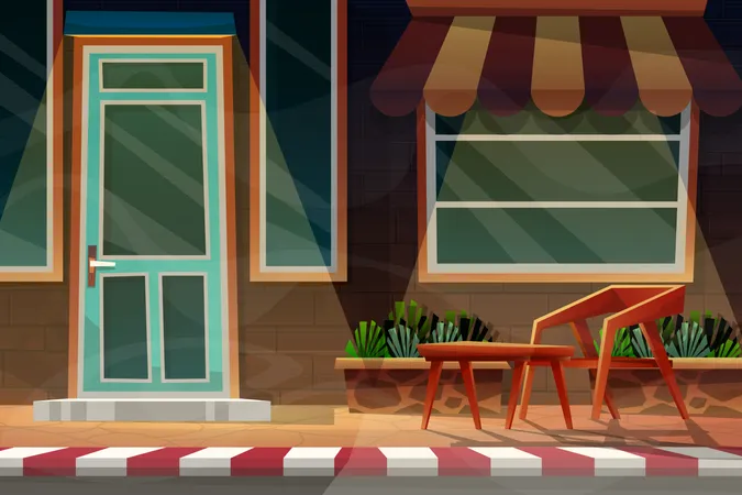 Nachtszene Vorderseite Des Hauses Mit Stuhl Und Tisch Unter Einer Sonnenschutzfassade Vektorillustration Illustration
