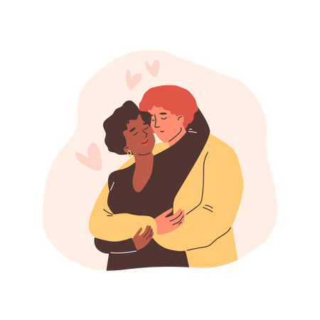 Hombre abraza a mujer mientras ambos pasan momentos románticos.  Ilustración