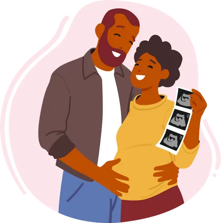 Hombre abrazando a una mujer embarazada con imagen de ultrasonido  Ilustración