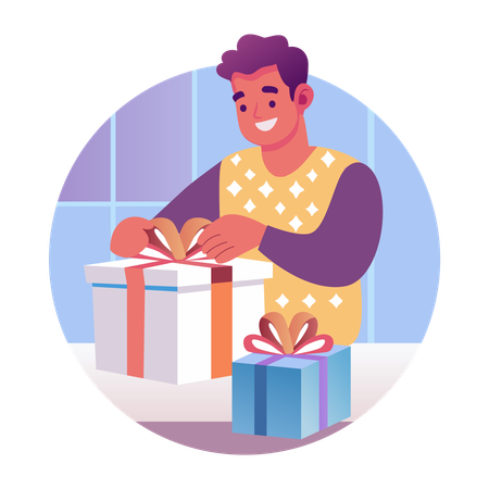 Hombre abriendo envoltorio de regalo  Illustration