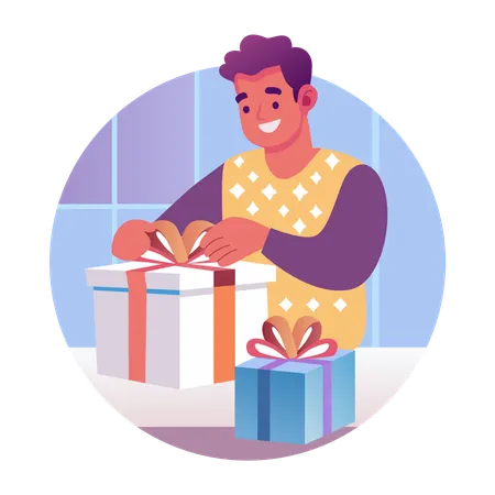 Hombre abriendo envoltorio de regalo  Illustration