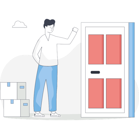 Hombre abriendo una puerta mientras transporta cajas con cajas adicionales apiladas cerca para fines de mudanza  Ilustración