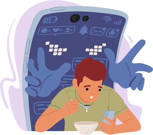 Hombre absorto y adicto consume su comida con una mano mientras agarra su teléfono celular  Ilustración