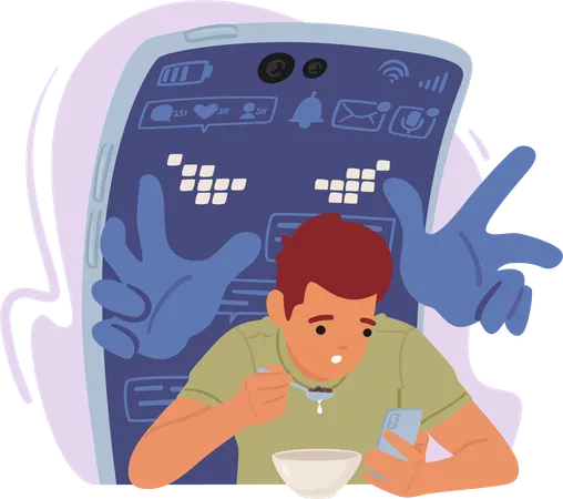 Hombre absorto y adicto consume su comida con una mano mientras agarra su teléfono celular  Ilustración