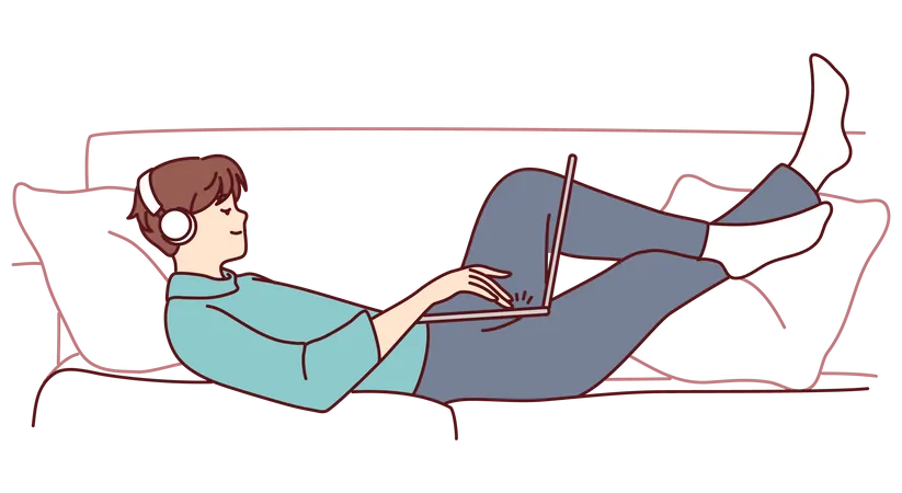 Hombre tumbado en el sofá mientras trabaja en la computadora portátil  Ilustración