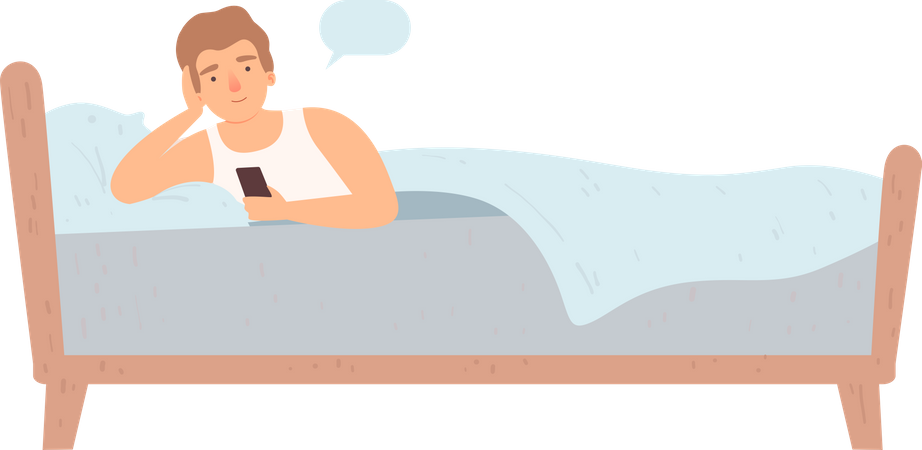Hombre acostado en la cama y usando el móvil  Ilustración