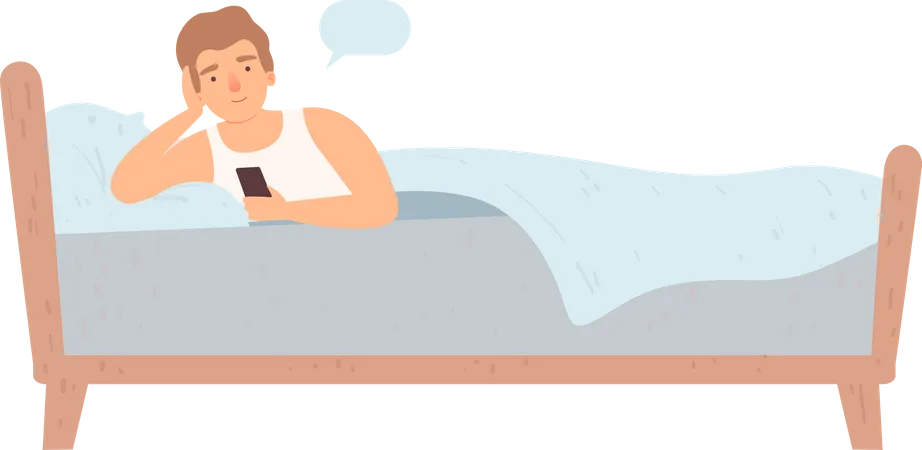 Hombre acostado en la cama y usando el móvil  Ilustración