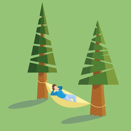 Hombre tumbado en una hamaca colgando entre los árboles  Ilustración