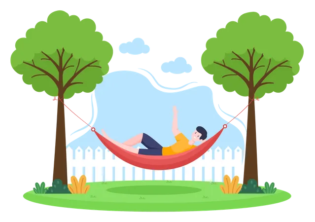 Hombre tumbado en una hamaca en el parque y relajándose  Ilustración