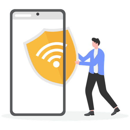 Hombre activando el servicio VPN desde el móvil  Illustration