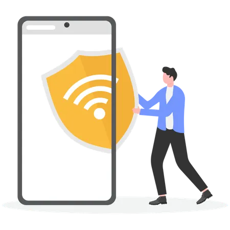 Hombre activando el servicio VPN desde el móvil  Illustration