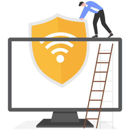 Hombre activando el servicio VPN desde su computadora  Illustration