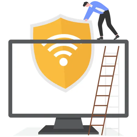 Hombre activando el servicio VPN desde su computadora  Illustration