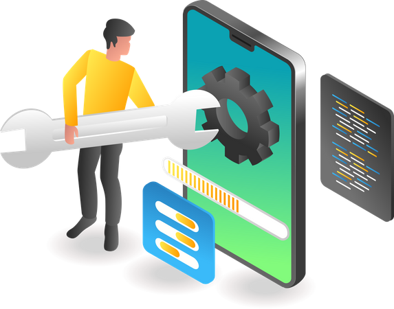 Hombre actualizando el firmware del teléfono inteligente  Ilustración