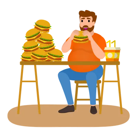 Hombre adicto a la hamburguesa  Ilustración