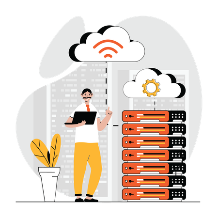 Hombre gestionando el servidor de datos en la nube  Ilustración