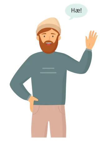 Hombre adulto barbudo con ropa informal saluda  Ilustración