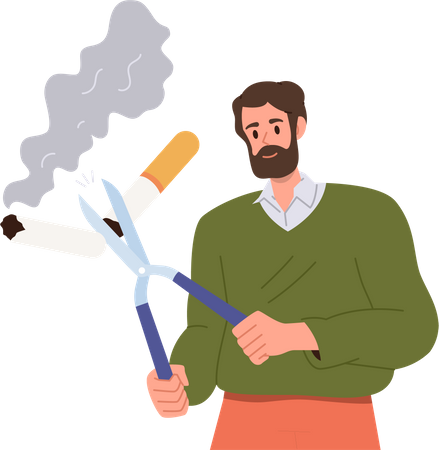 Hombre adulto con cuentas cortando cigarrillos con tijeras  Ilustración