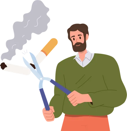 Hombre adulto con cuentas cortando cigarrillos con tijeras  Ilustración