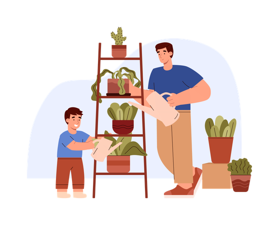 Hombre adulto con hijo pequeño regando flores  Ilustración