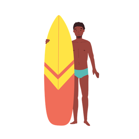 Hombre afroamericano con tabla de surf en la playa  Ilustración