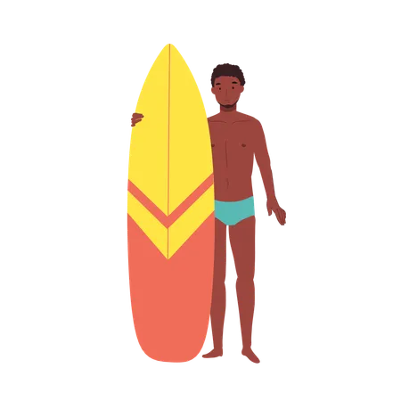 Hombre afroamericano con tabla de surf en la playa  Ilustración
