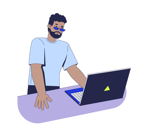 Hombre afroamericano de pie y trabajando en una computadora portátil  Ilustración