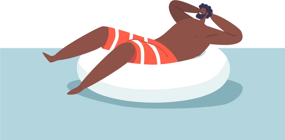 Hombre afroamericano disfruta nadando en la piscina usando un anillo inflable  Ilustración