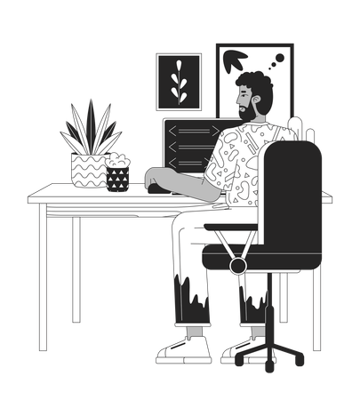 Hombre afroamericano en la computadora  Ilustración